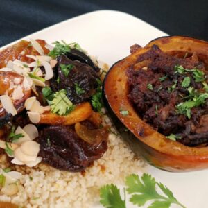Chestnut Pumpkin With Vegan Minced Meat and Dried Fruit Sauce