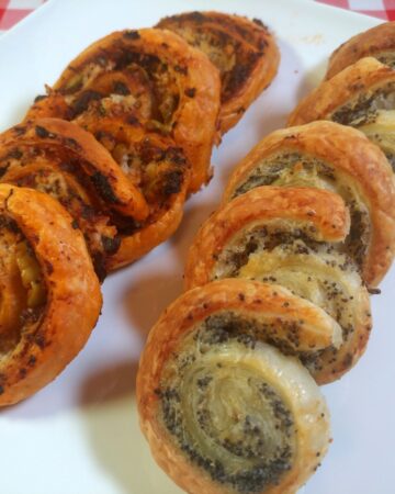puff pastry snails with poppy seeds and parmesan, and with pizza