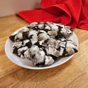 Crispy Chewy inside, coated in powdered sugar, Crinkled Chocolate Cookies