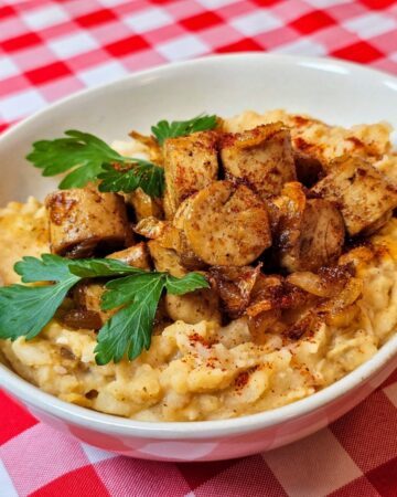 Mashed White Beans With caramelized onion and Tofu Sausages