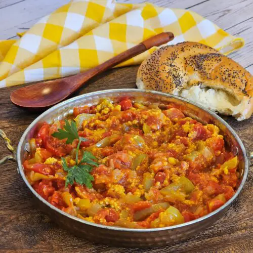 Hungarian vegan lecso with a light vegan scramble stirred in at the end
