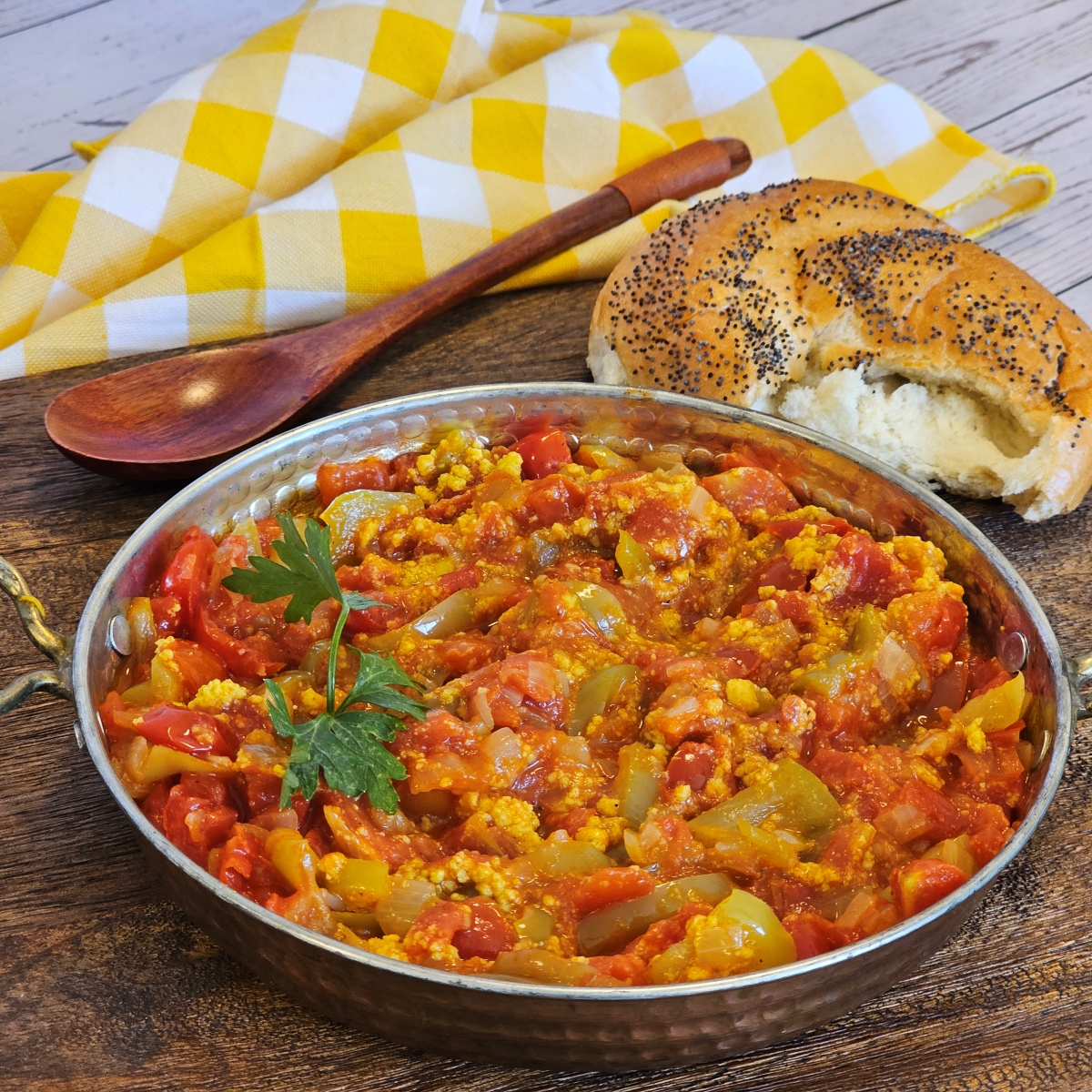 Hungarian vegan lecso with a light vegan scramble stirred in at the end