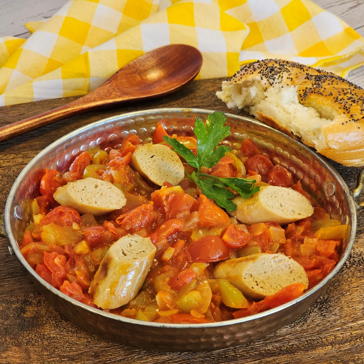 Vegan lecso with plant-based sausages