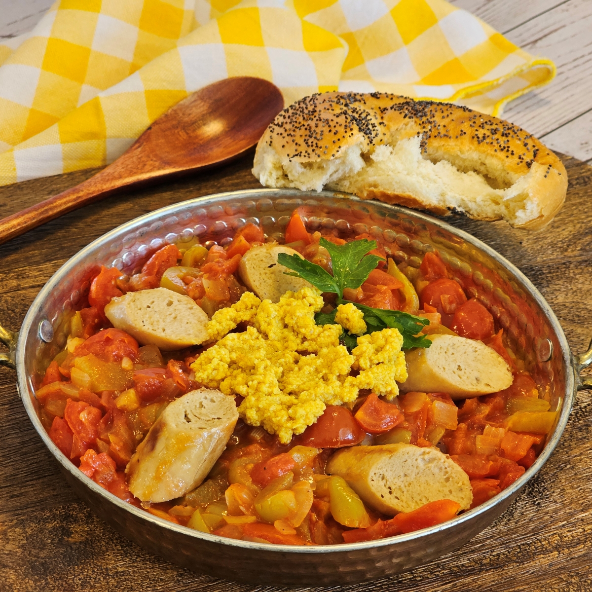 Vegan lecso with plant-based sausages and vegan scrambled egg